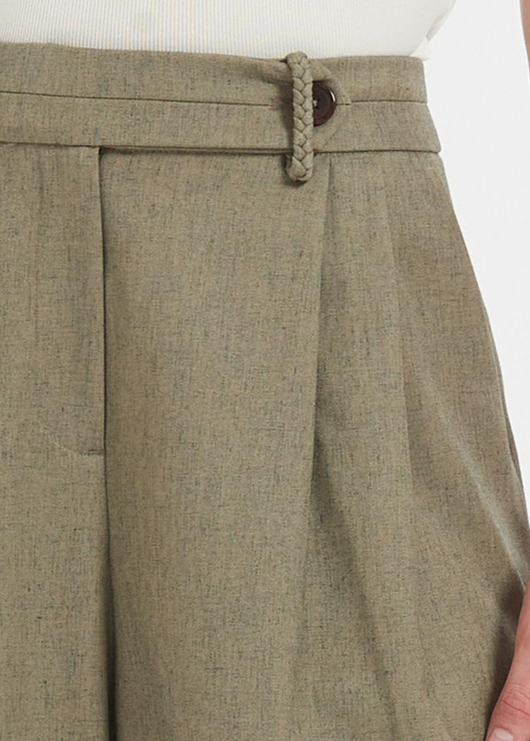 Linen Blend Pleated Trousers in Olive Green
