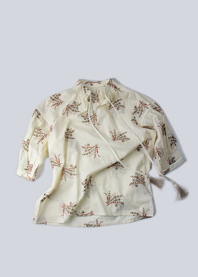 Embroidered Cotton Blend Shirt in Beige