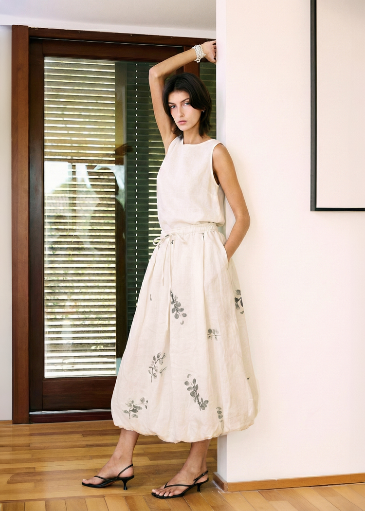 Ramie Bubble Hem Midi Skirt