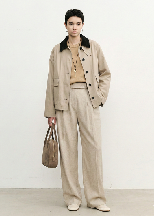 Wide-Leg Pleated Linen Blend Trousers in Beige