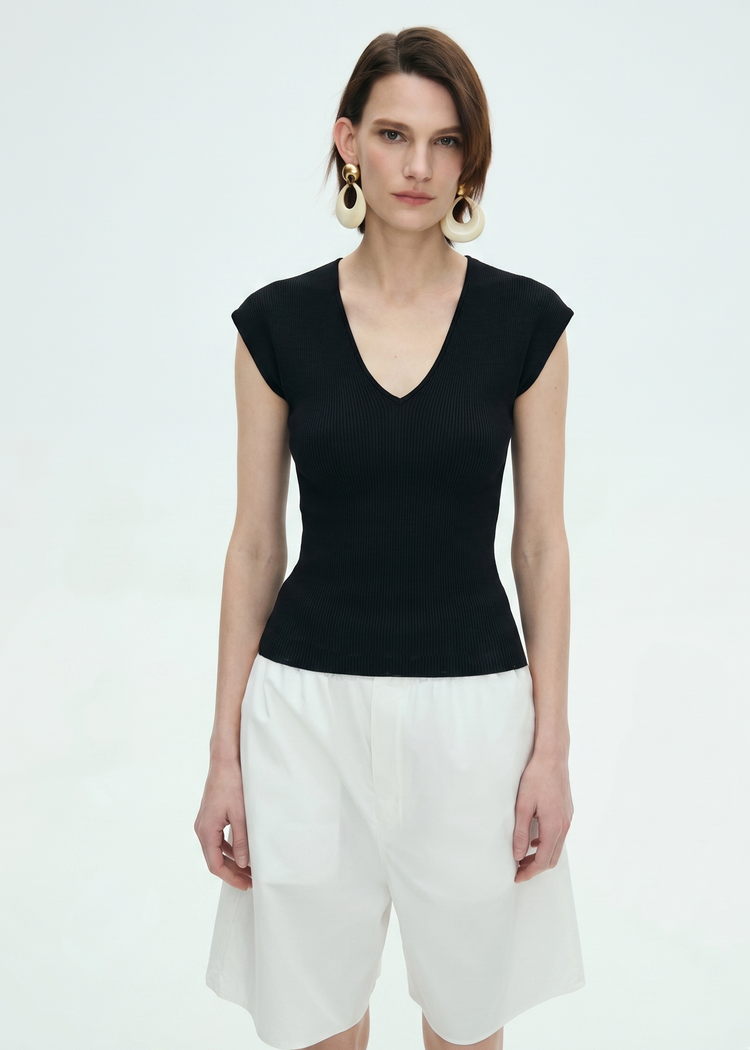 Wool Blend Knitted Rib Top in Black