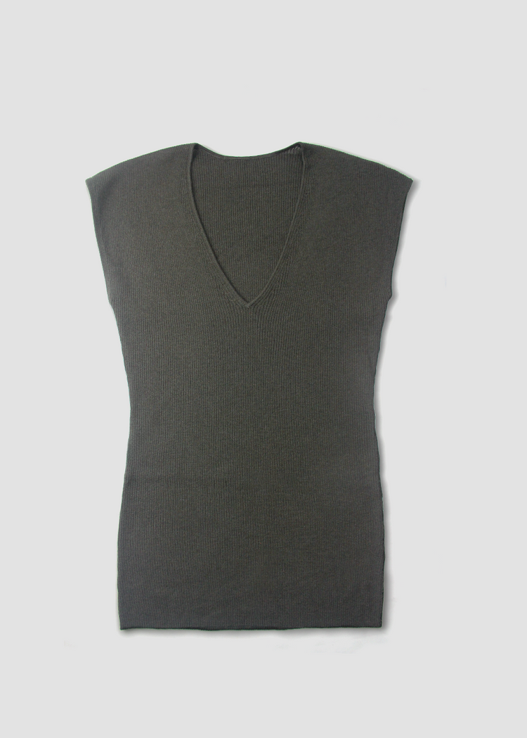 Wool Blend Knitted Rib Top in Dark Grey