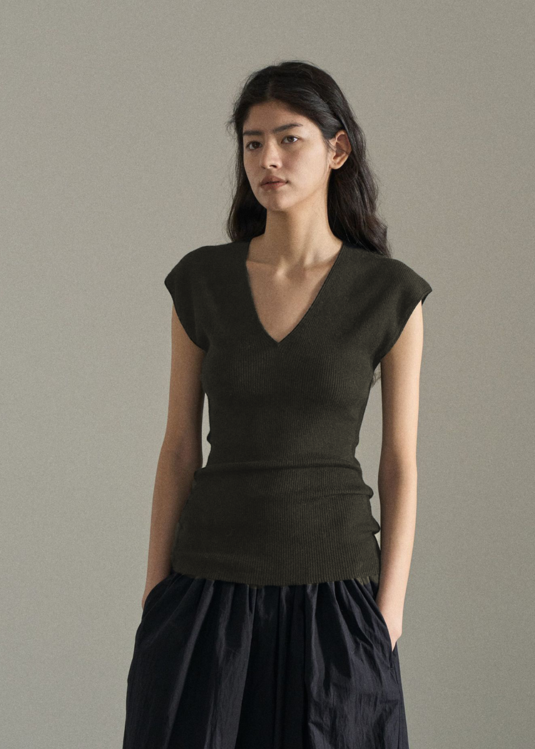 Wool Blend Knitted Rib Top in Dark Grey