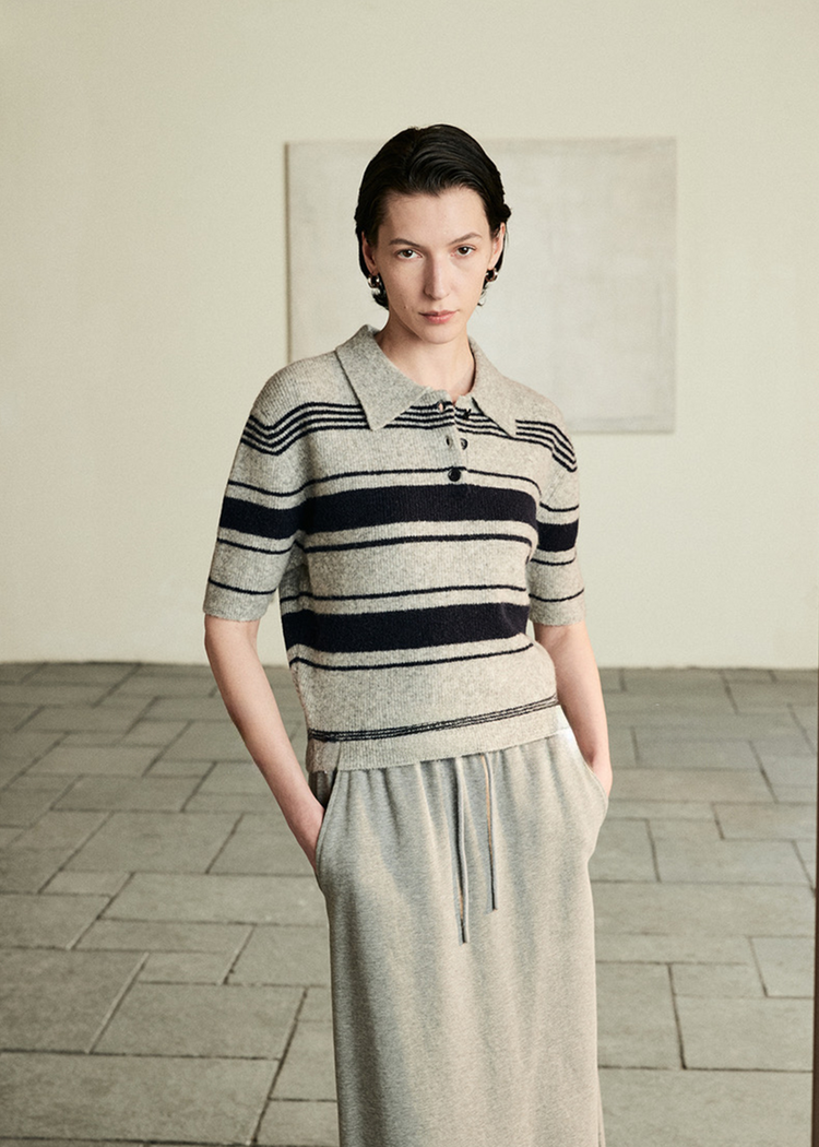 Striped Wool Blend Polo Top