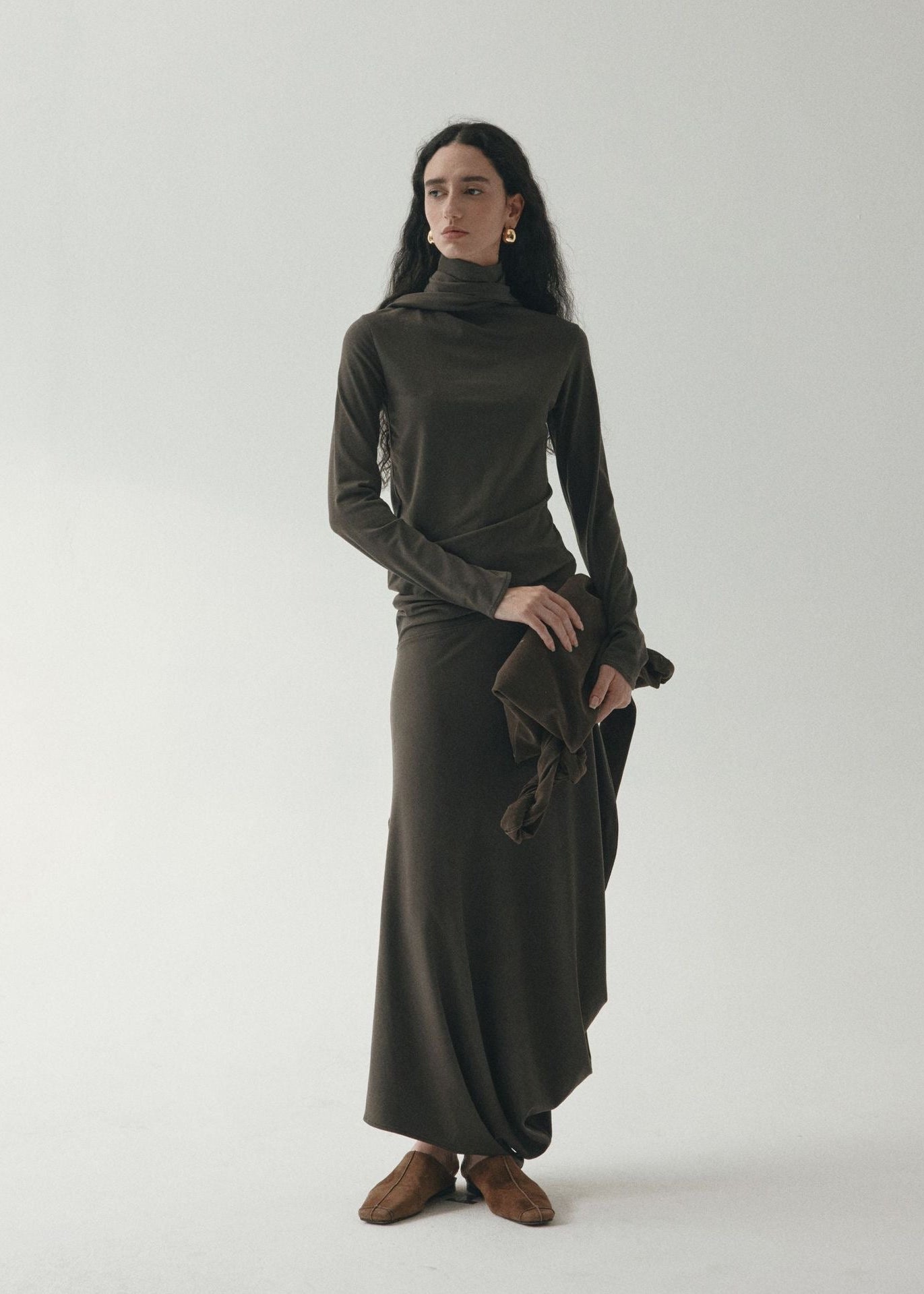 Draped Tie Collar Jersey Maxi Dress Grey S