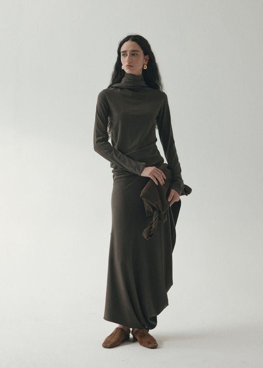Draped Tie Collar Jersey Maxi Dress Grey