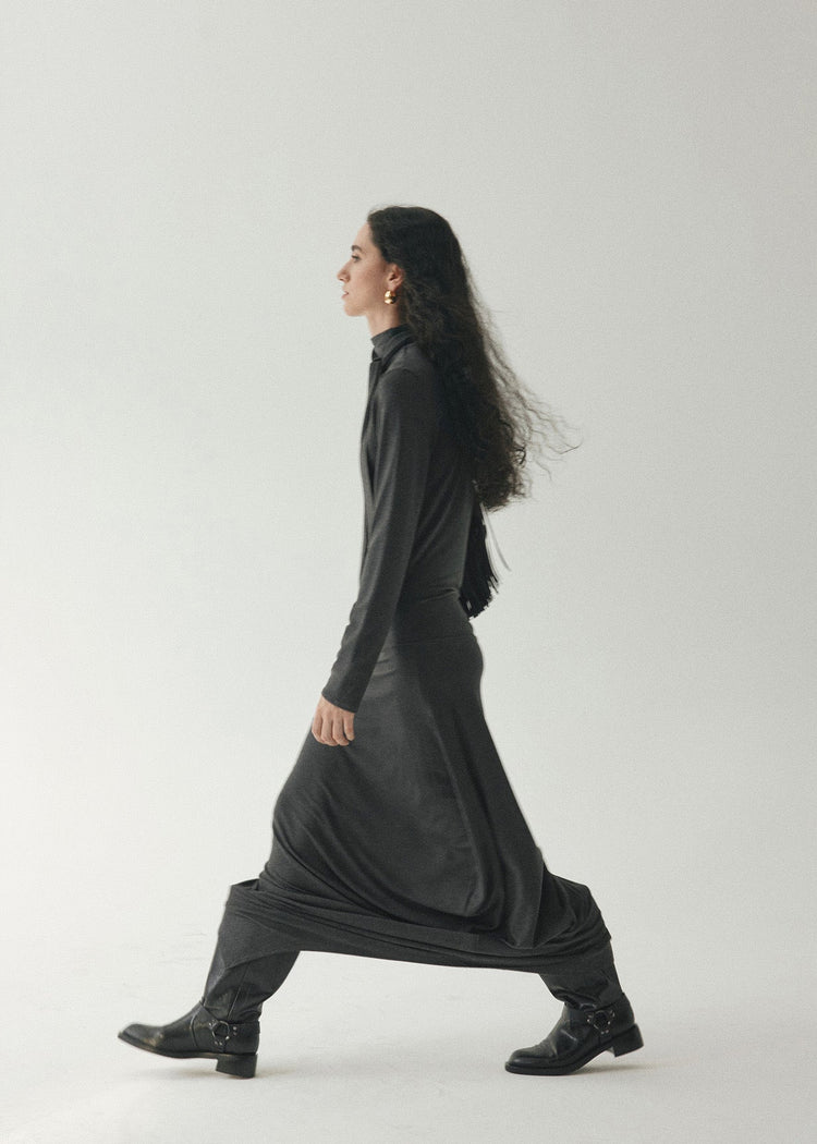 Draped Tie Collar Jersey Maxi Dress Grey