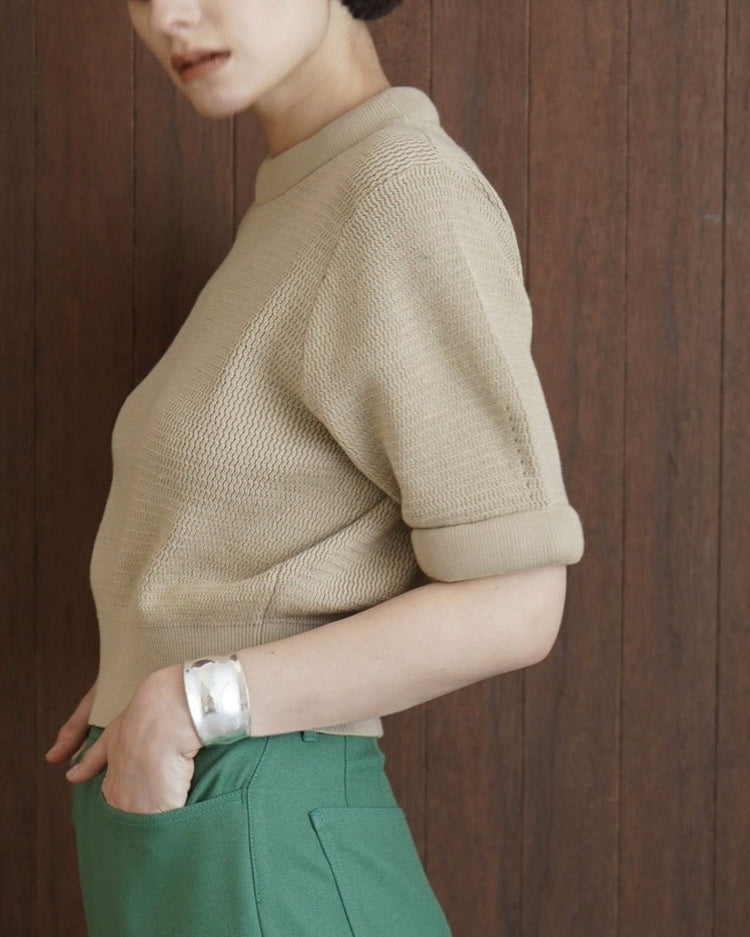 Cotton Knitted Tee with 3D Neck in Khaki