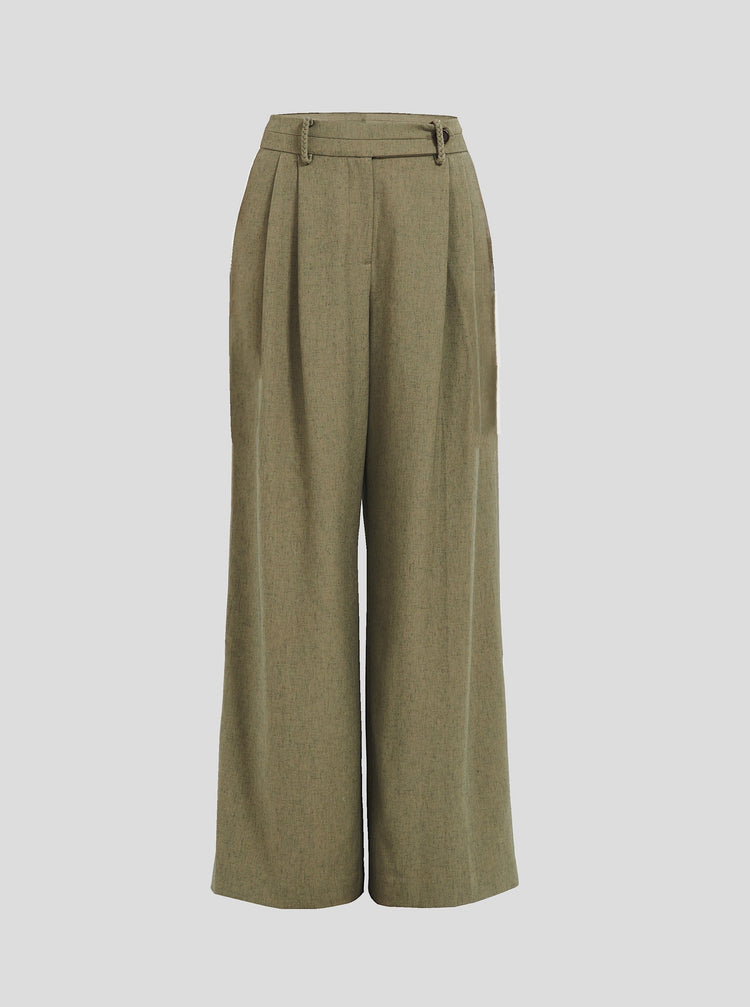 Linen Blend Pleated Trousers in Olive Green