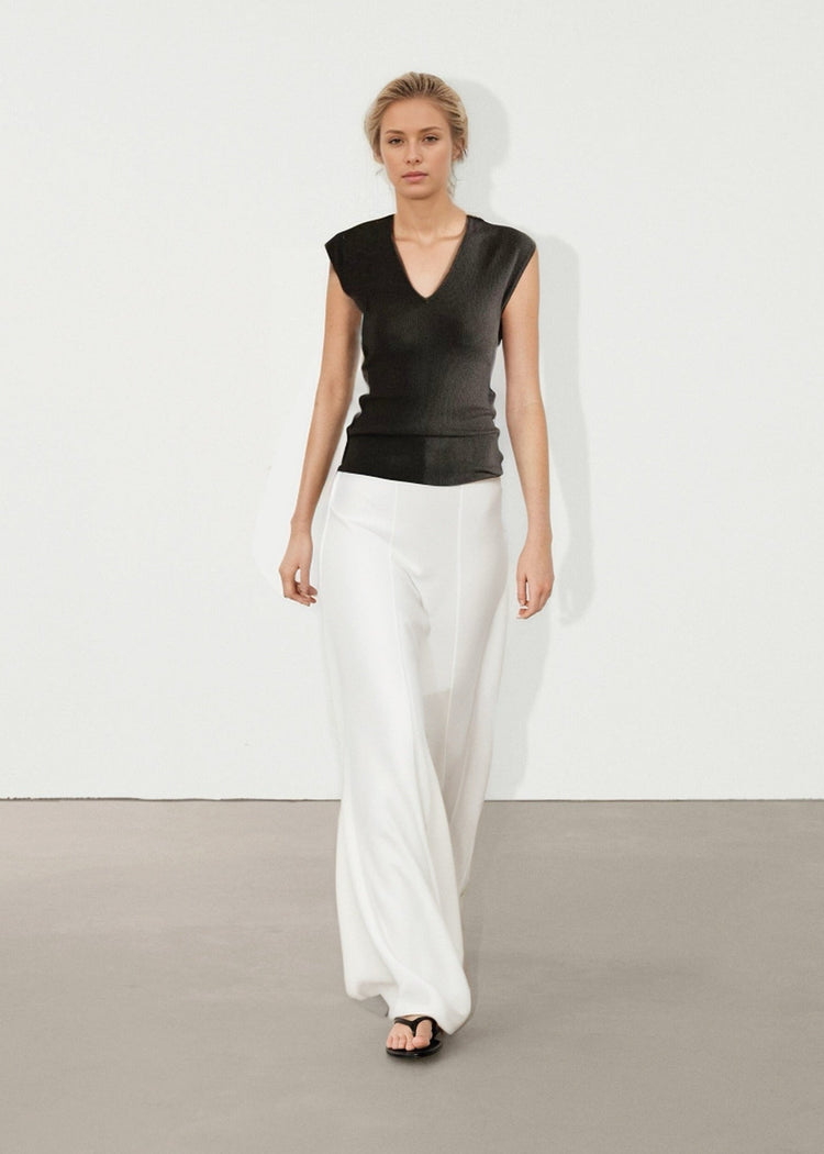 Wool Blend Knitted Rib Top in Dark Grey