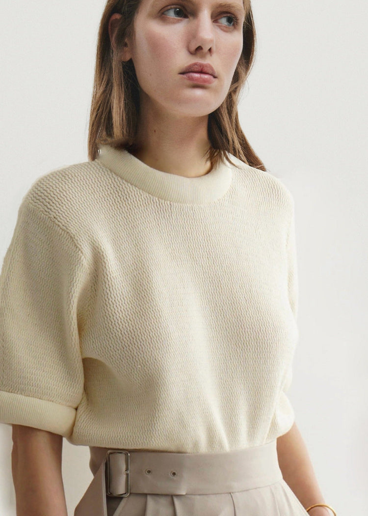 Cotton Knitted Tee with 3D Neck in White