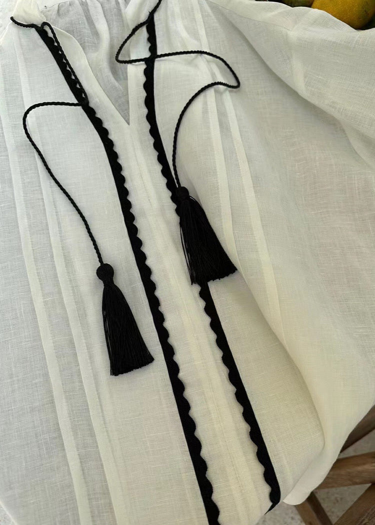 White Linen Shirt with Tassel Strings