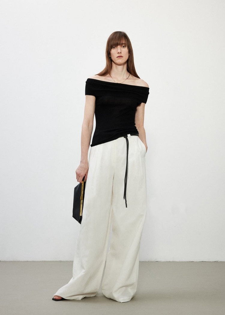 Draped Linen Blend Wide-leg Trousers
