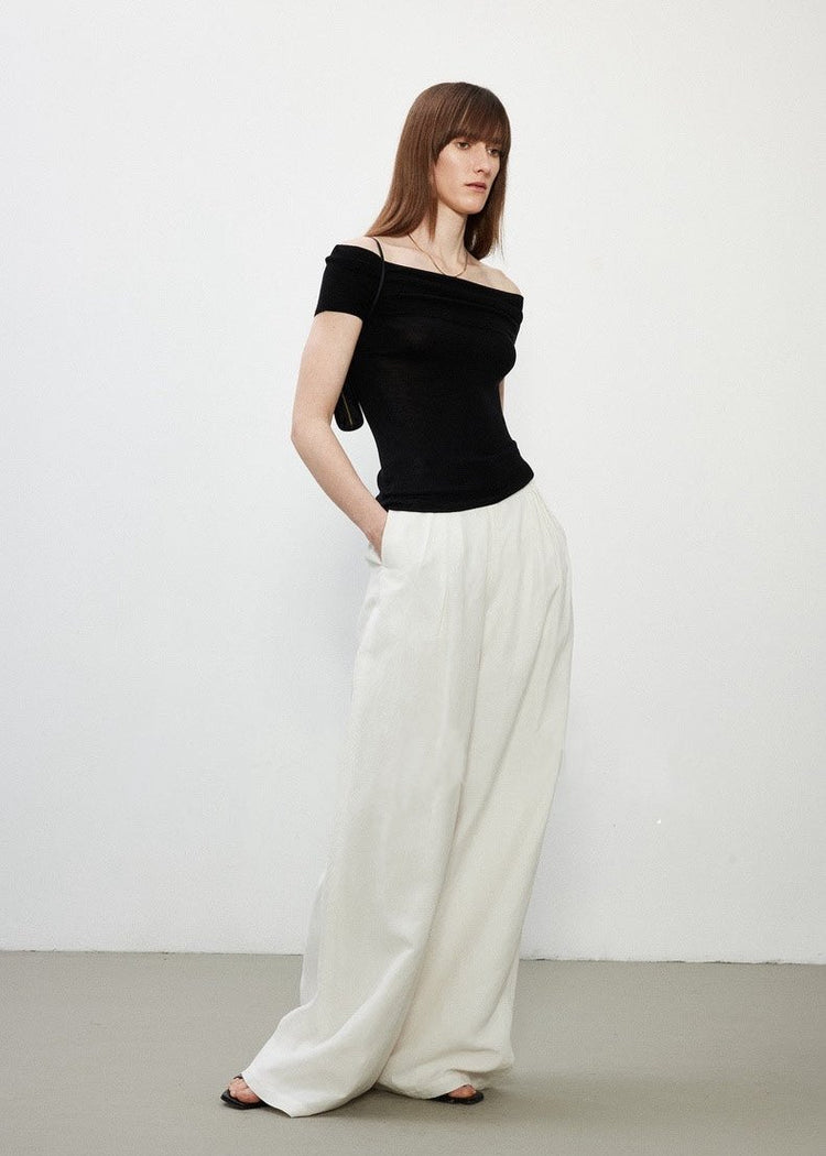 Draped Linen Blend Wide-leg Trousers