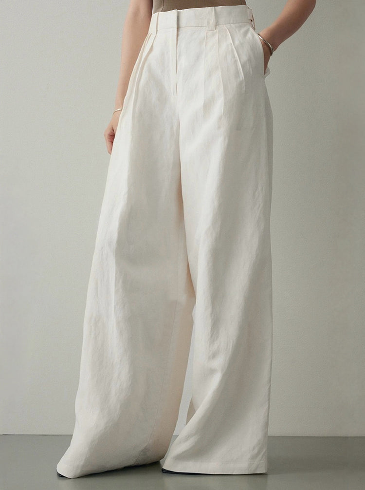 Draped Linen Blend Wide-leg Trousers