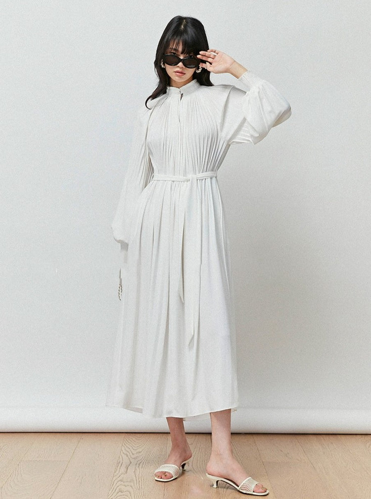 Pleated Long Sleeve Midi Dress