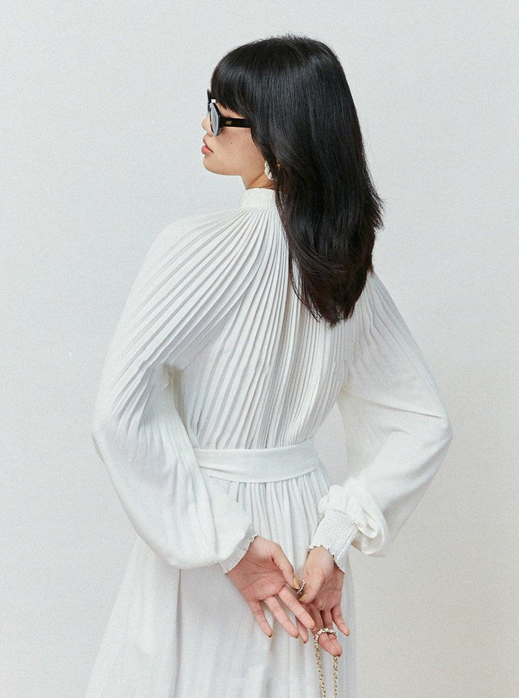 Pleated Long Sleeve Midi Dress