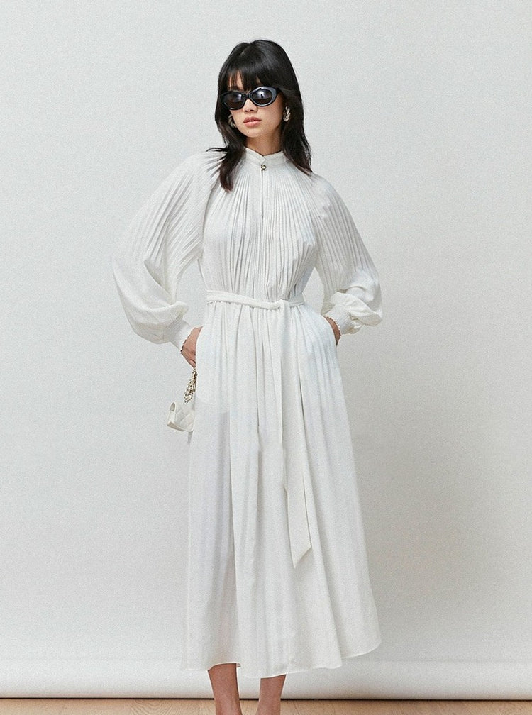 Pleated Long Sleeve Midi Dress