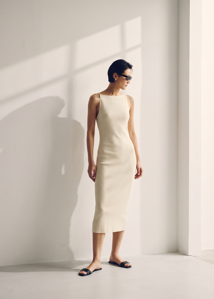 Knitted Midi Dress-Beige