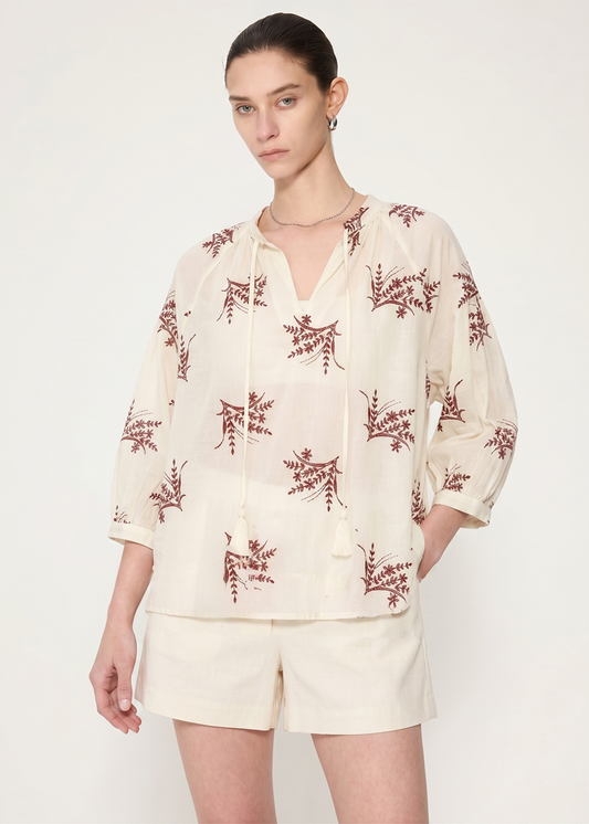 Embroidered Cotton Blend Shirt in Beige