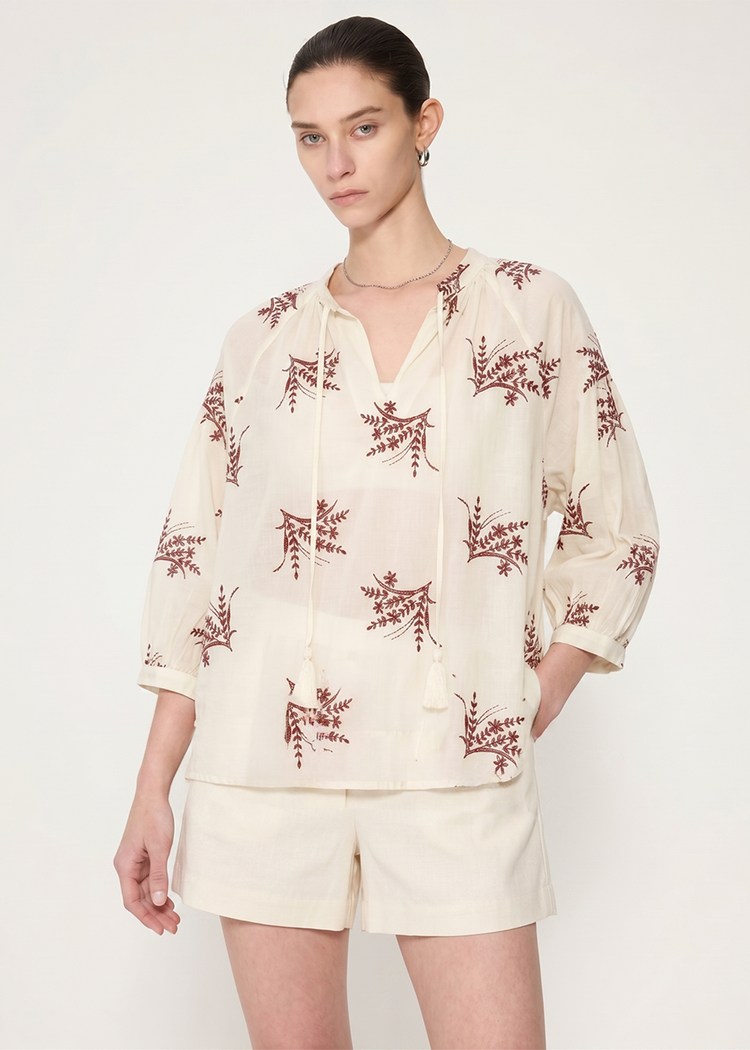 Embroidered Cotton Blend Shirt in Beige