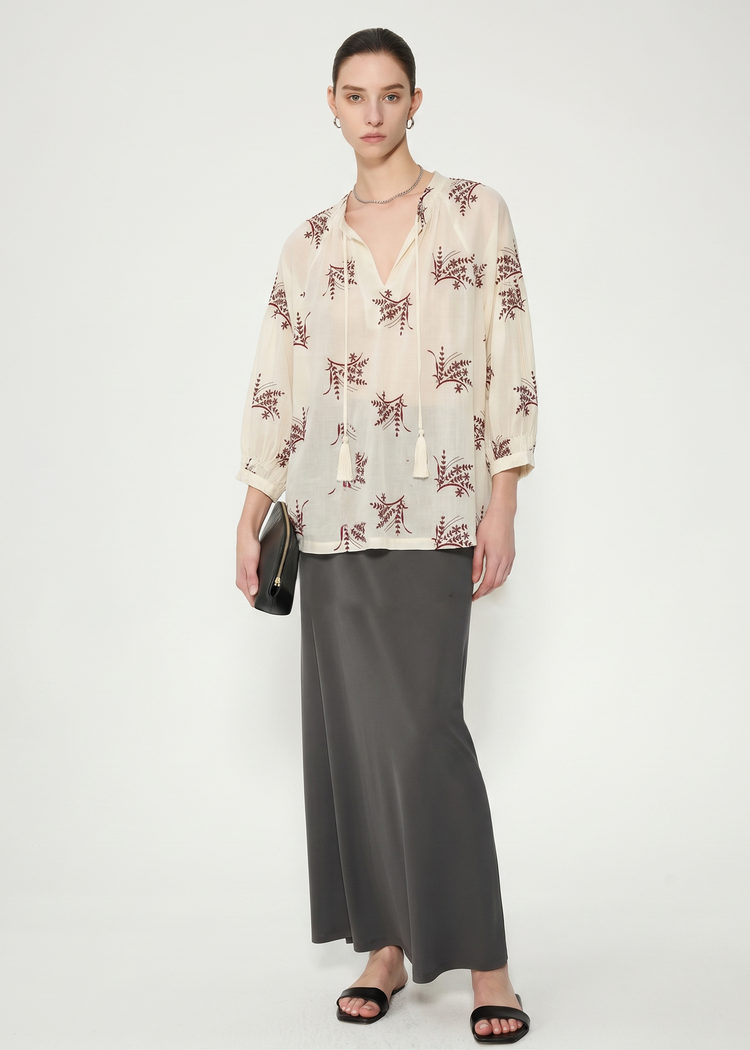 Embroidered Cotton Blend Shirt in Beige