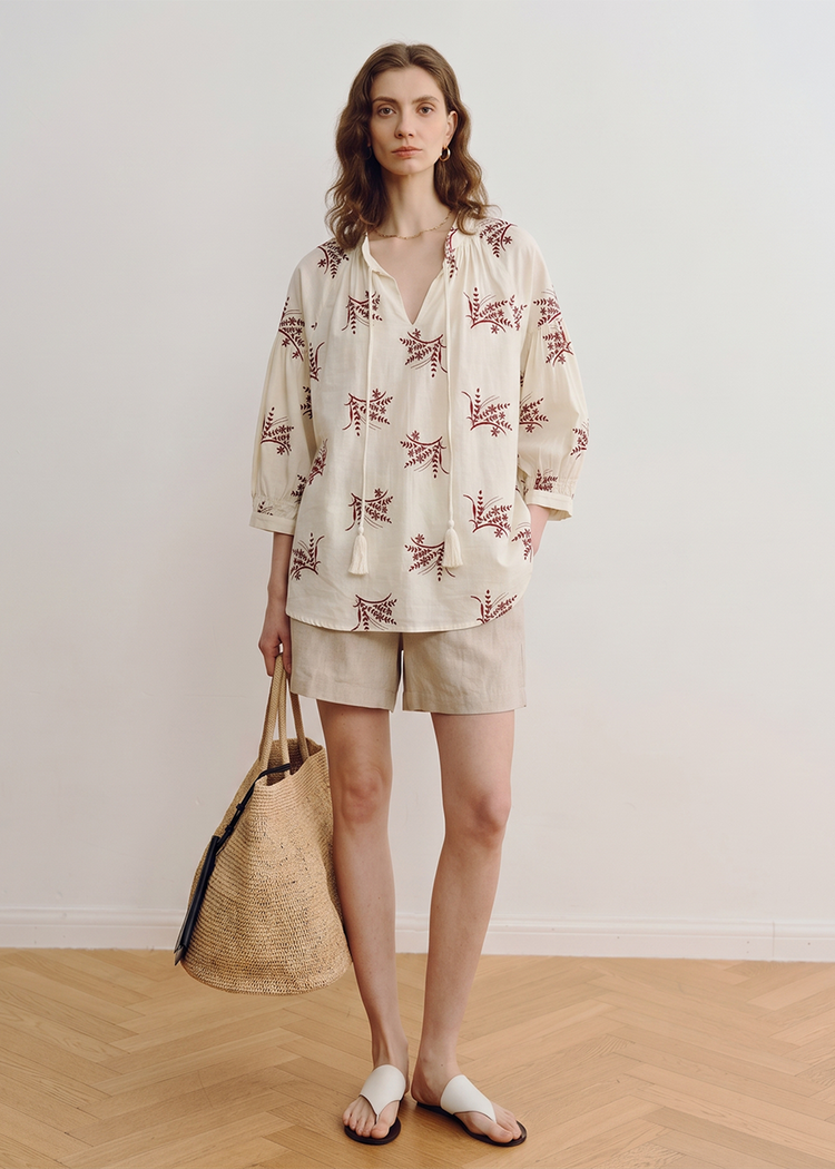 Embroidered Cotton Blend Shirt in Beige
