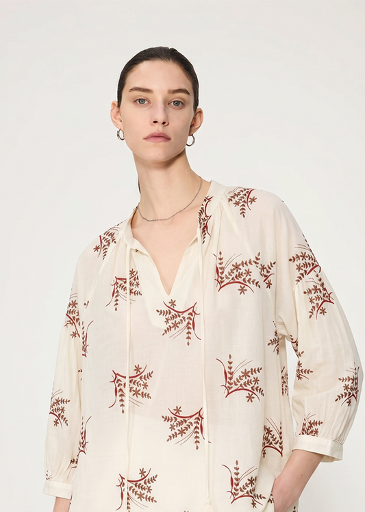 Embroidered Cotton Blend Shirt in Beige