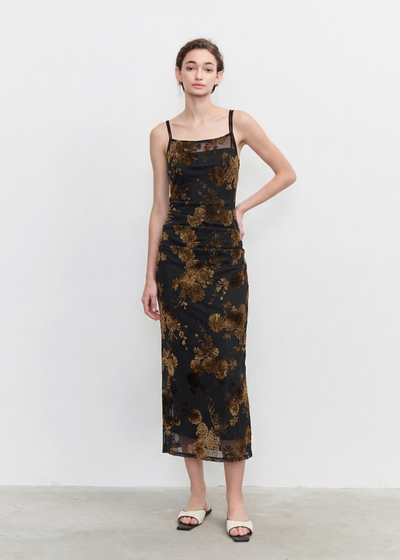 Velvet Floral Flocked Mesh Dress