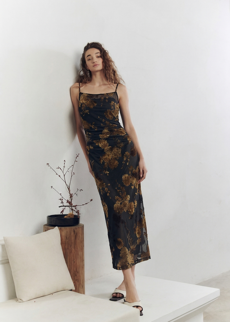 Velvet Floral Flocked Mesh Dress