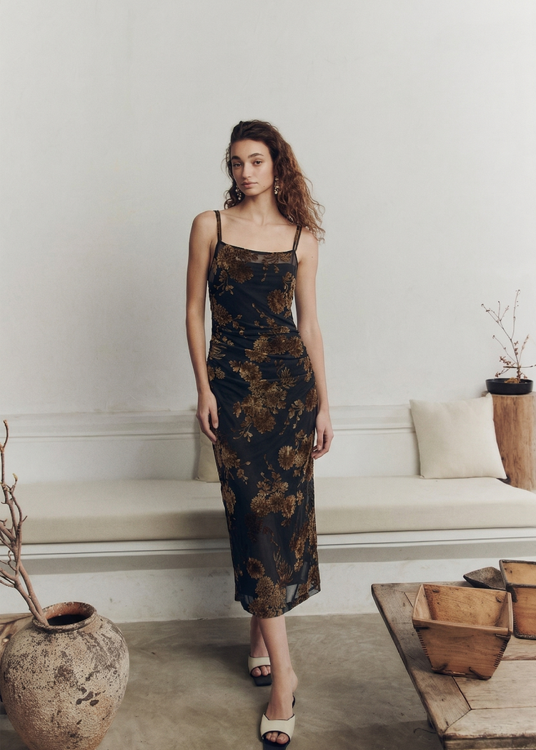 Velvet Floral Flocked Mesh Dress