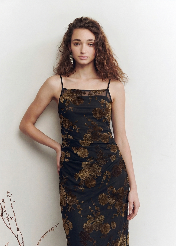 Velvet Floral Flocked Mesh Dress