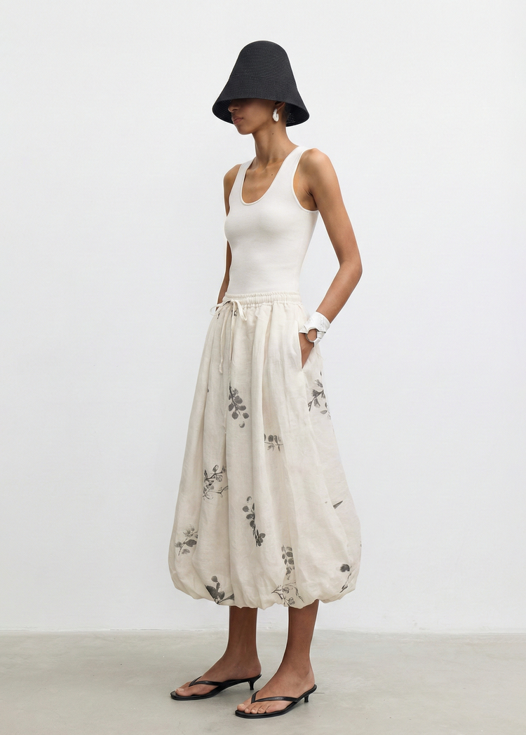 Ramie Bubble Hem Midi Skirt