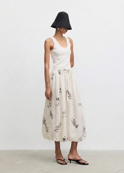 Ramie Bubble Hem Midi Skirt