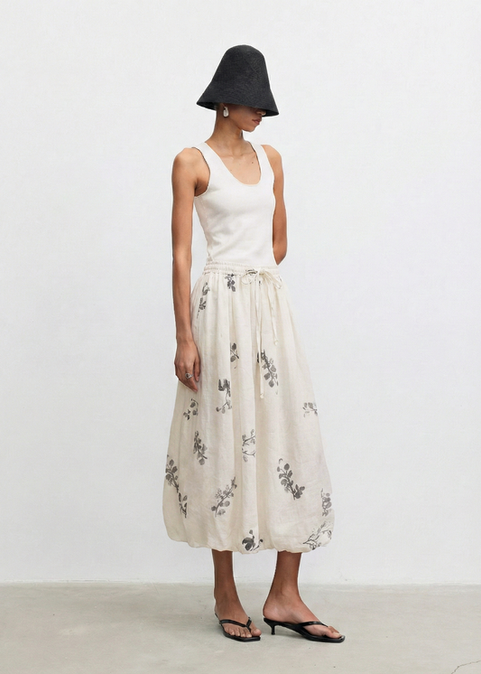 Ramie Bubble Hem Midi Skirt