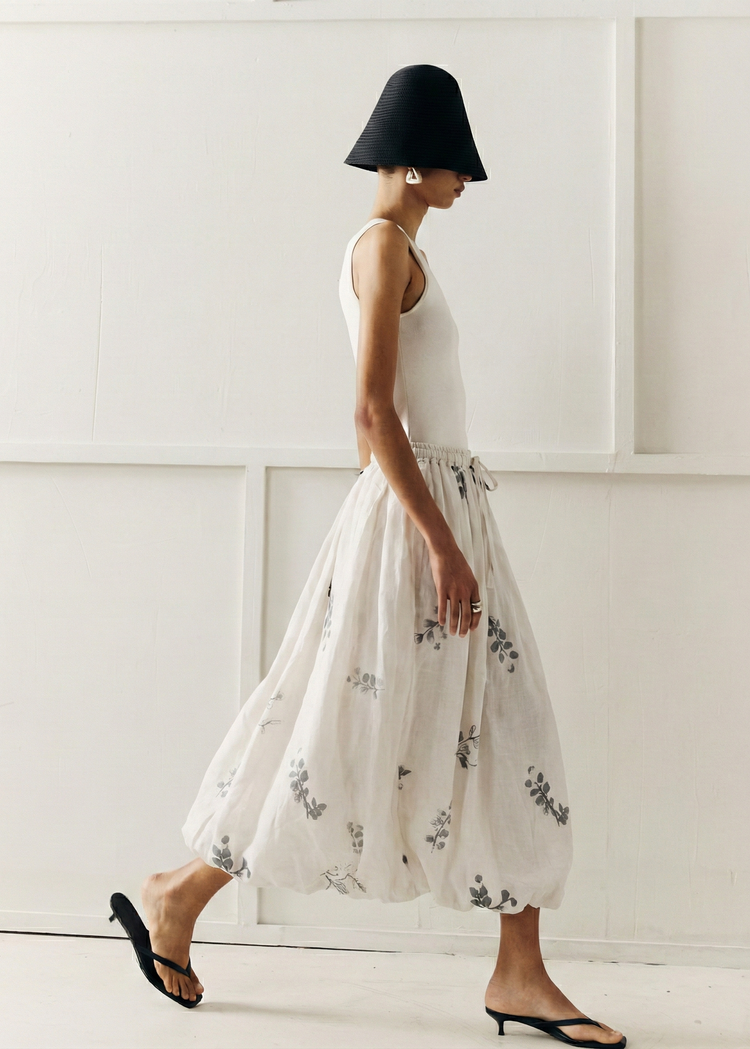 Ramie Bubble Hem Midi Skirt