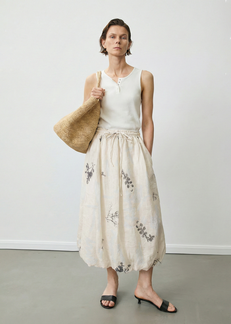 Ramie Bubble Hem Midi Skirt