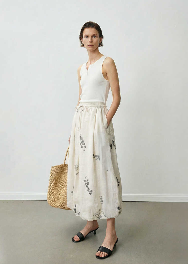 Ramie Bubble Hem Midi Skirt