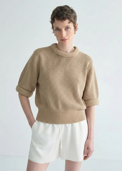 Cotton Knitted Tee with 3D Neck in Khaki