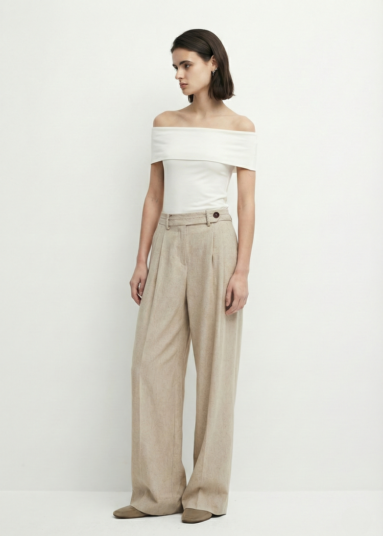 Wide-Leg Pleated Linen Blend Trousers in Beige