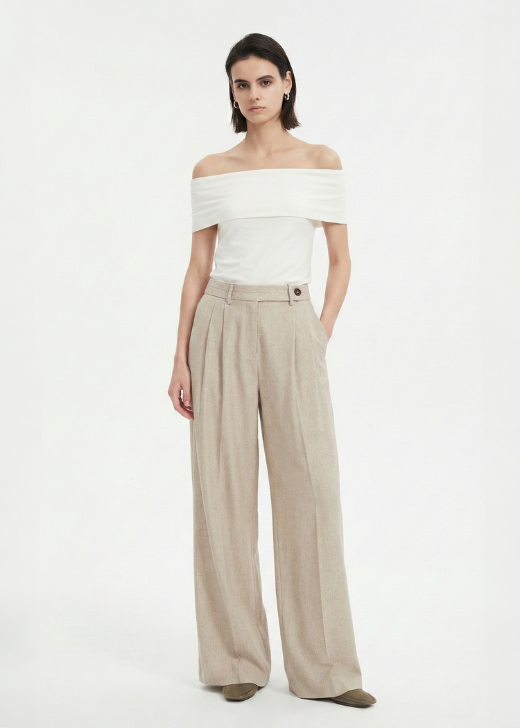 Wide-Leg Pleated Linen Blend Trousers in Beige