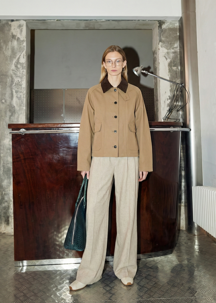 Wide-Leg Pleated Linen Blend Trousers in Beige