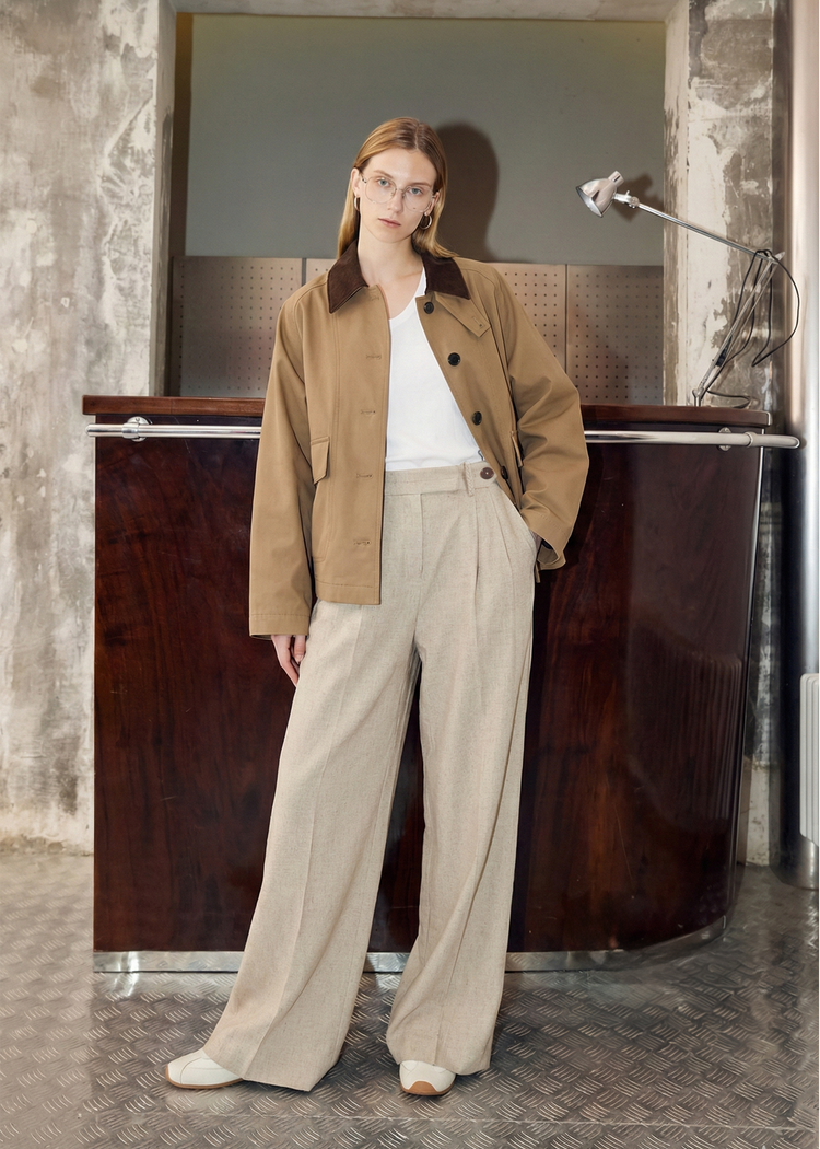 Wide-Leg Pleated Linen Blend Trousers in Beige