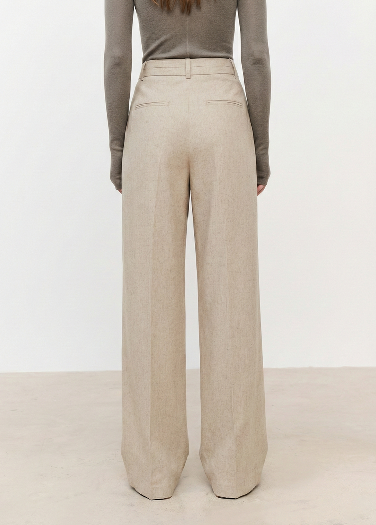 Wide-Leg Pleated Linen Blend Trousers in Beige