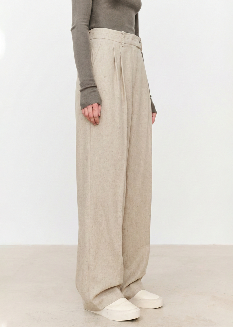 Wide-Leg Pleated Linen Blend Trousers in Beige