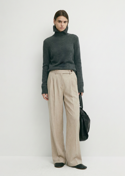 Wide-Leg Pleated Linen Blend Trousers in Beige