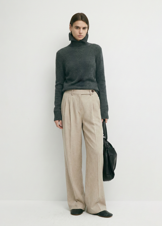 Wide-Leg Pleated Linen Blend Trousers in Beige