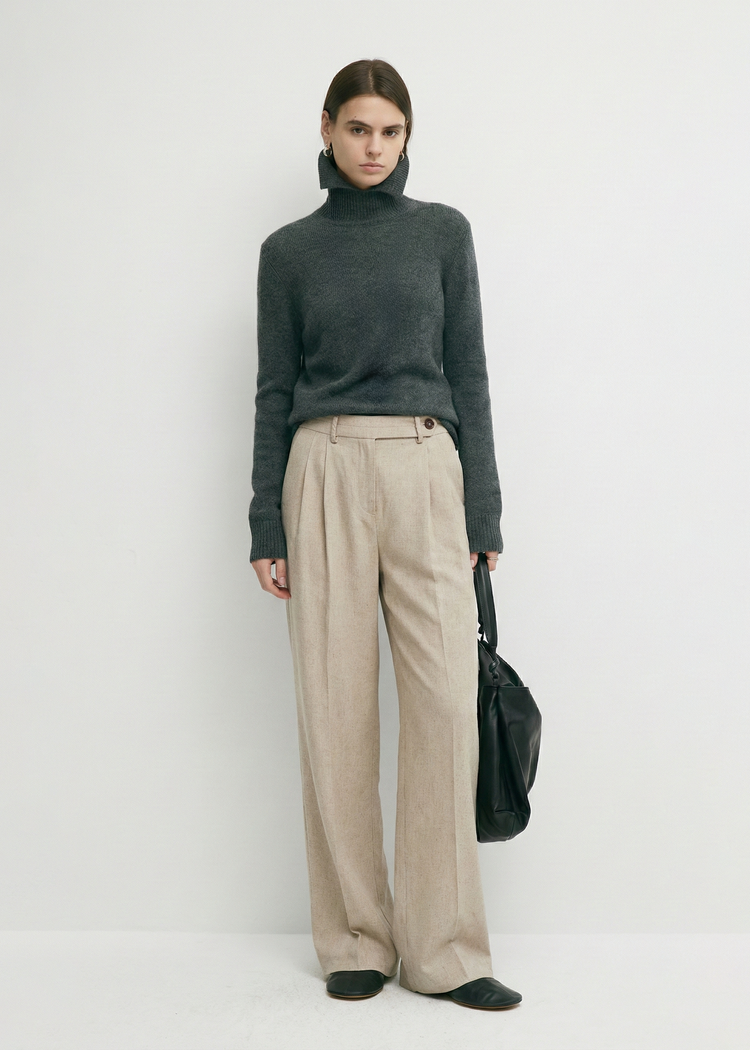 Wide-Leg Pleated Linen Blend Trousers in Beige