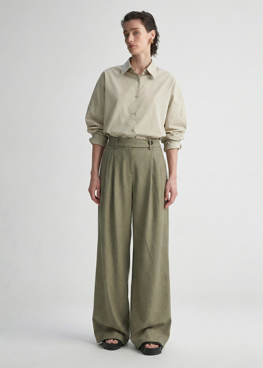 Linen Blend Pleated Trousers in Olive Green