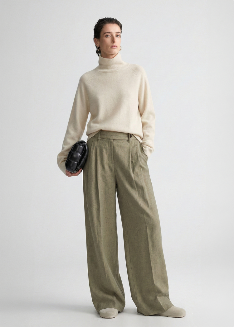 Linen Blend Pleated Trousers in Olive Green